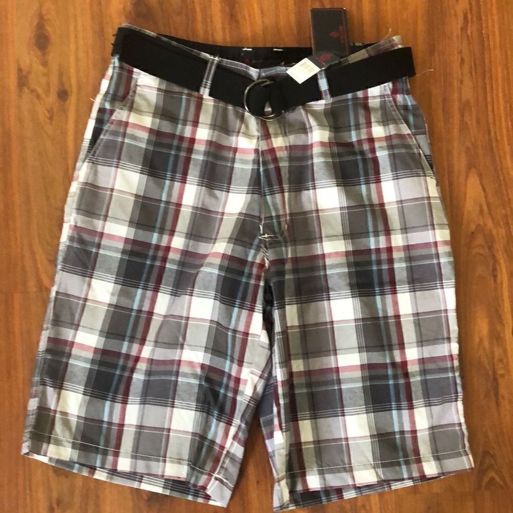 NWT Swiss Cross Gray and white plaid men’s long shorts, size 32